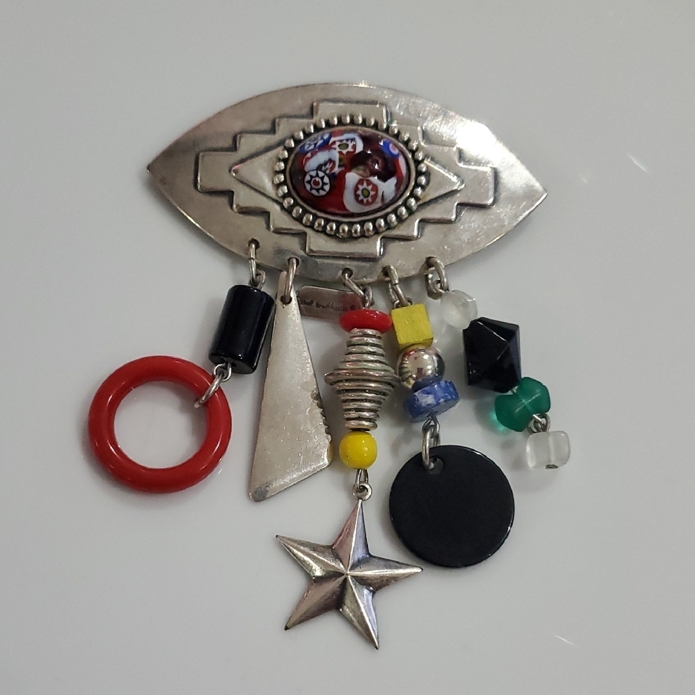 Ethel & Myrtle Tribal Silver Tone Concho Eye Brooch Dangle Beads Charms Abstract